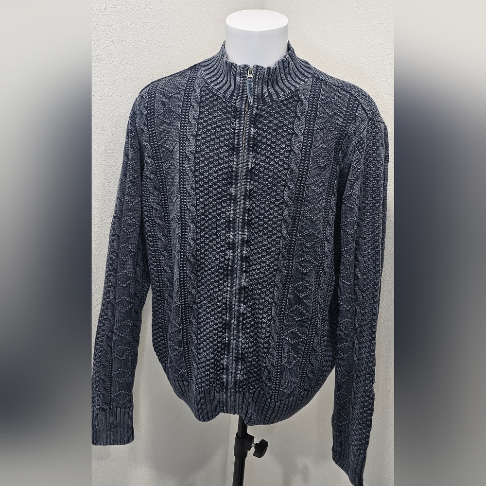 Carbon2Cobalt XL Heavy Cable Knit Fisherman Full Zip Sweater Blue Linen Blend